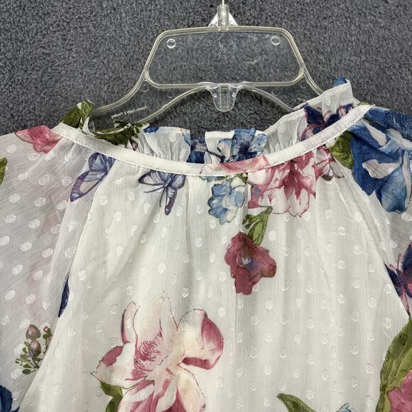 Haver & Blair London Top XL White Boho Floral Butterfly Blouse Tassel‎ Neck Tie - Picture 12 of 16